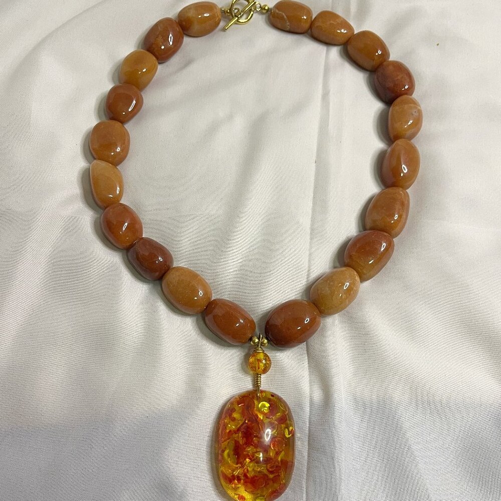 Chunky Carnelian Stone Beaded Necklace with Faux Amber Charm